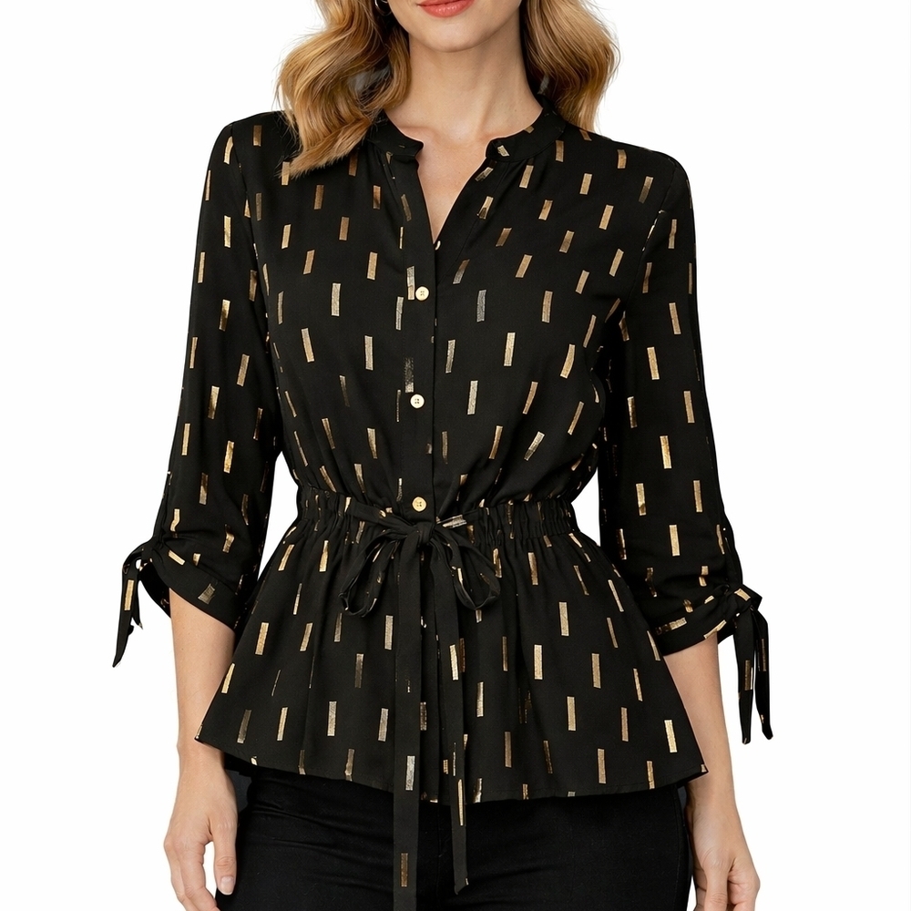 SWEET RAIN Metallic Gold Geometric Tie-Waist Peplum Button Down Holiday Shirt